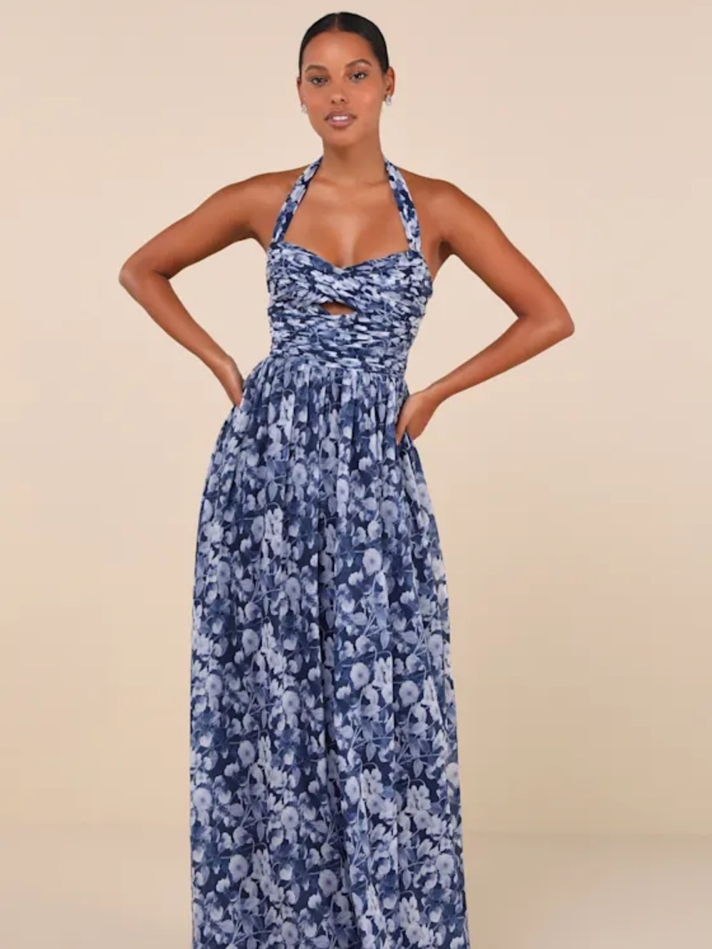 Lulu's Illustrious Aura Navy Blue Floral Pleated Halter Maxi Dress - Size Large